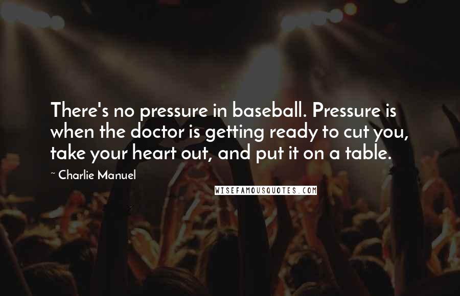 Charlie Manuel Quotes: There's no pressure in baseball. Pressure is when the doctor is getting ready to cut you, take your heart out, and put it on a table.