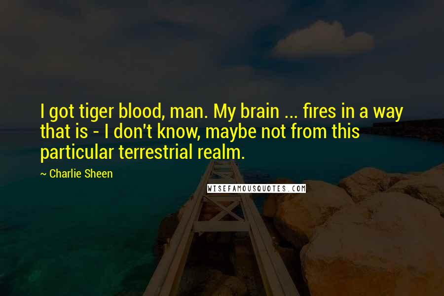 Charlie Sheen Quotes: I got tiger blood, man. My brain ... fires in a way that is - I don't know, maybe not from this particular terrestrial realm.