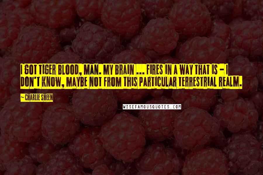 Charlie Sheen Quotes: I got tiger blood, man. My brain ... fires in a way that is - I don't know, maybe not from this particular terrestrial realm.