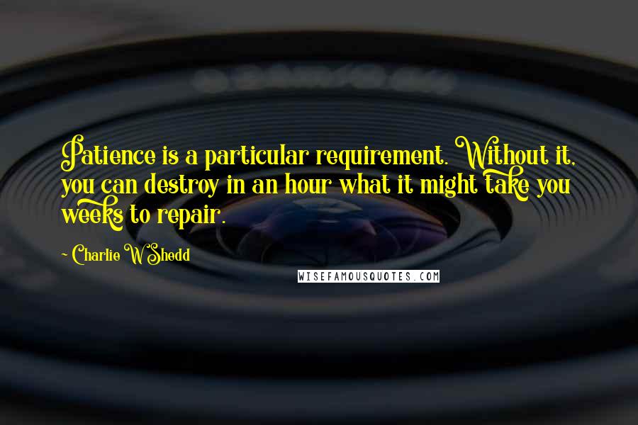 Charlie W Shedd Quotes: Patience is a particular requirement. Without it, you can destroy in an hour what it might take you weeks to repair.