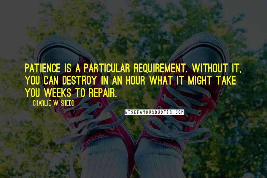 Charlie W Shedd Quotes: Patience is a particular requirement. Without it, you can destroy in an hour what it might take you weeks to repair.