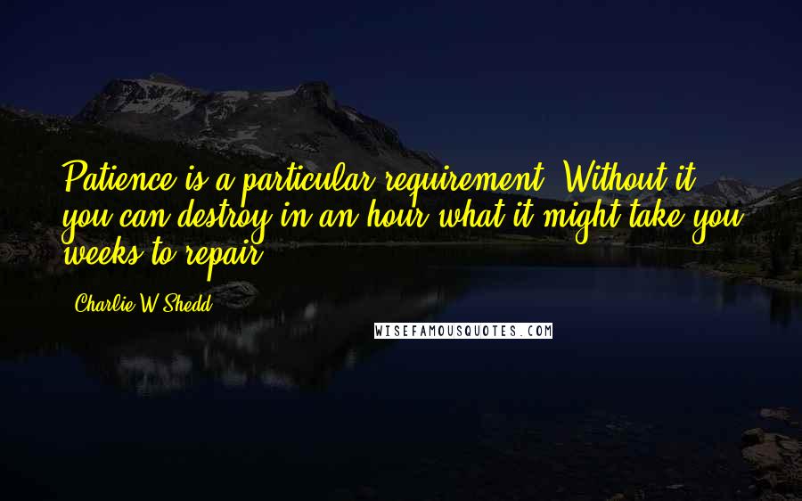 Charlie W Shedd Quotes: Patience is a particular requirement. Without it, you can destroy in an hour what it might take you weeks to repair.