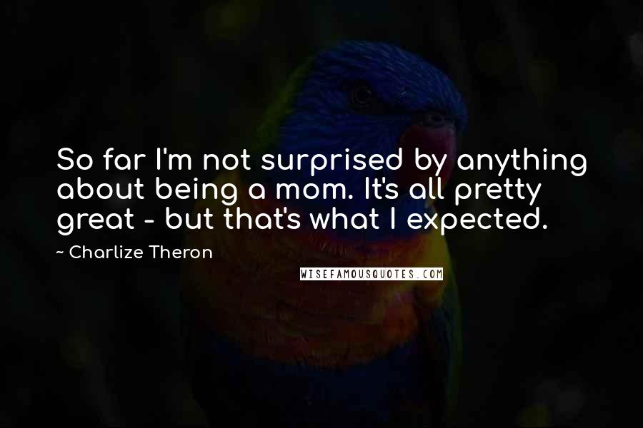 Charlize Theron Quotes: So far I'm not surprised by anything about being a mom. It's all pretty great - but that's what I expected.