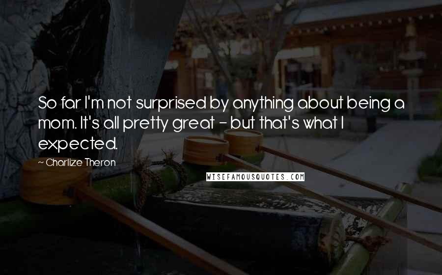 Charlize Theron Quotes: So far I'm not surprised by anything about being a mom. It's all pretty great - but that's what I expected.