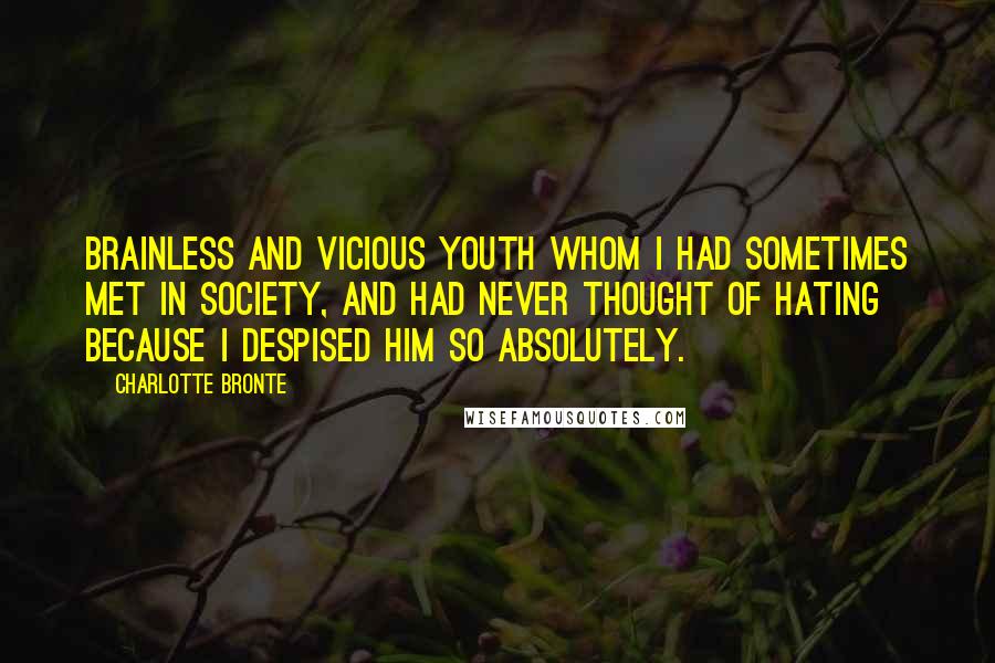 Charlotte Bronte Quotes: Brainless and vicious youth whom I had sometimes met in society, and had never thought of hating because I despised him so absolutely.