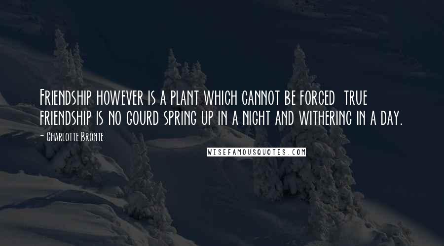 Charlotte Bronte Quotes: Friendship however is a plant which cannot be forced  true friendship is no gourd spring up in a night and withering in a day.