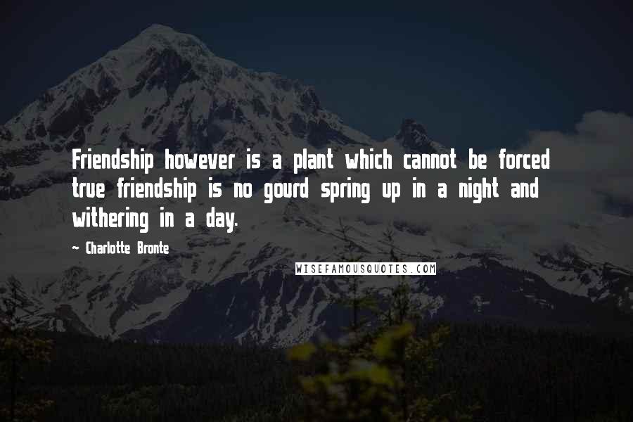 Charlotte Bronte Quotes: Friendship however is a plant which cannot be forced  true friendship is no gourd spring up in a night and withering in a day.