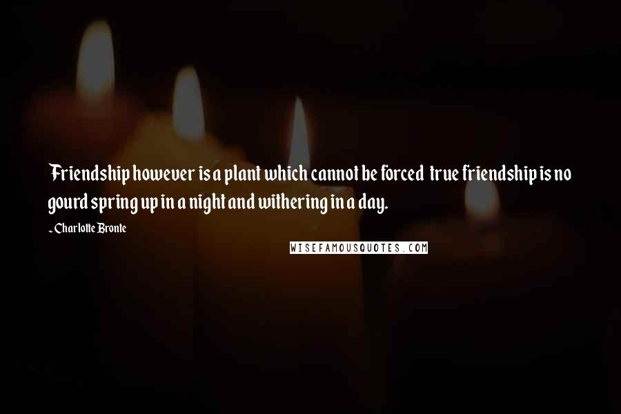 Charlotte Bronte Quotes: Friendship however is a plant which cannot be forced  true friendship is no gourd spring up in a night and withering in a day.