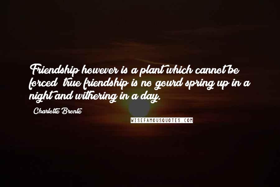 Charlotte Bronte Quotes: Friendship however is a plant which cannot be forced  true friendship is no gourd spring up in a night and withering in a day.