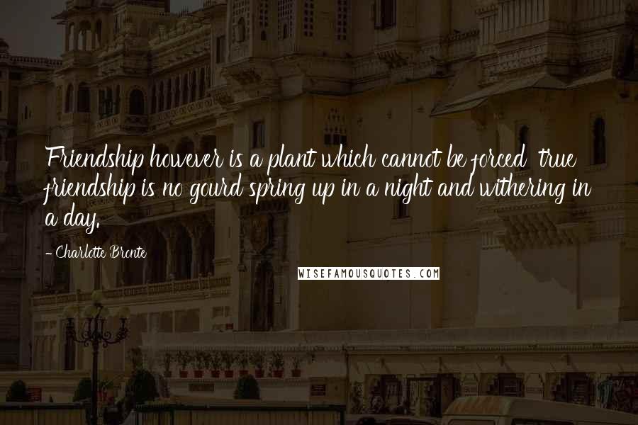 Charlotte Bronte Quotes: Friendship however is a plant which cannot be forced  true friendship is no gourd spring up in a night and withering in a day.