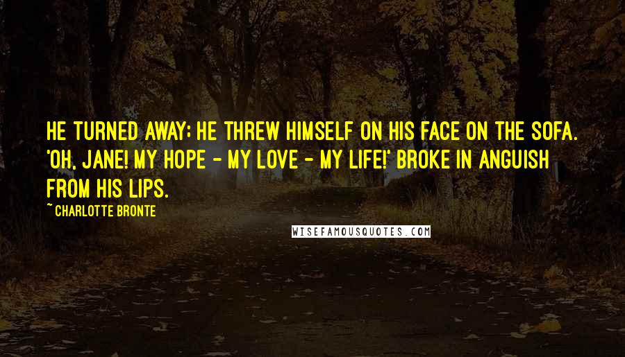 Charlotte Bronte Quotes: He turned away; he threw himself on his face on the sofa. 'Oh, Jane! my hope - my love - my life!' broke in anguish from his lips.