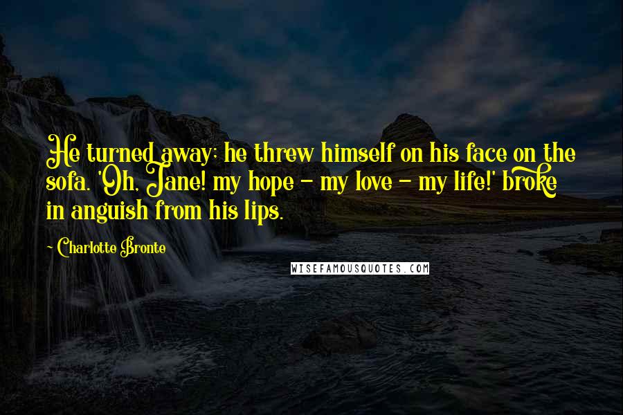 Charlotte Bronte Quotes: He turned away; he threw himself on his face on the sofa. 'Oh, Jane! my hope - my love - my life!' broke in anguish from his lips.