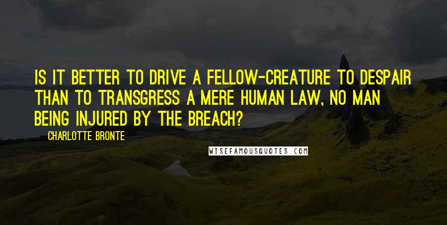 Charlotte Bronte Quotes: Is it better to drive a fellow-creature to despair than to transgress a mere human law, no man being injured by the breach?