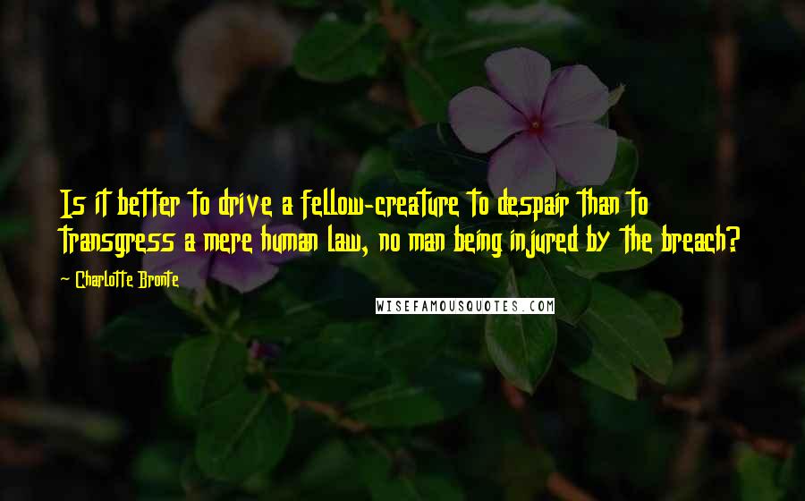 Charlotte Bronte Quotes: Is it better to drive a fellow-creature to despair than to transgress a mere human law, no man being injured by the breach?