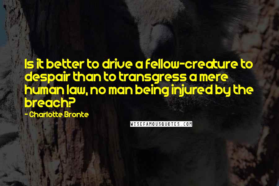 Charlotte Bronte Quotes: Is it better to drive a fellow-creature to despair than to transgress a mere human law, no man being injured by the breach?