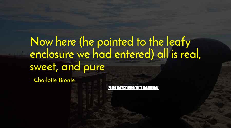 Charlotte Bronte Quotes: Now here (he pointed to the leafy enclosure we had entered) all is real, sweet, and pure