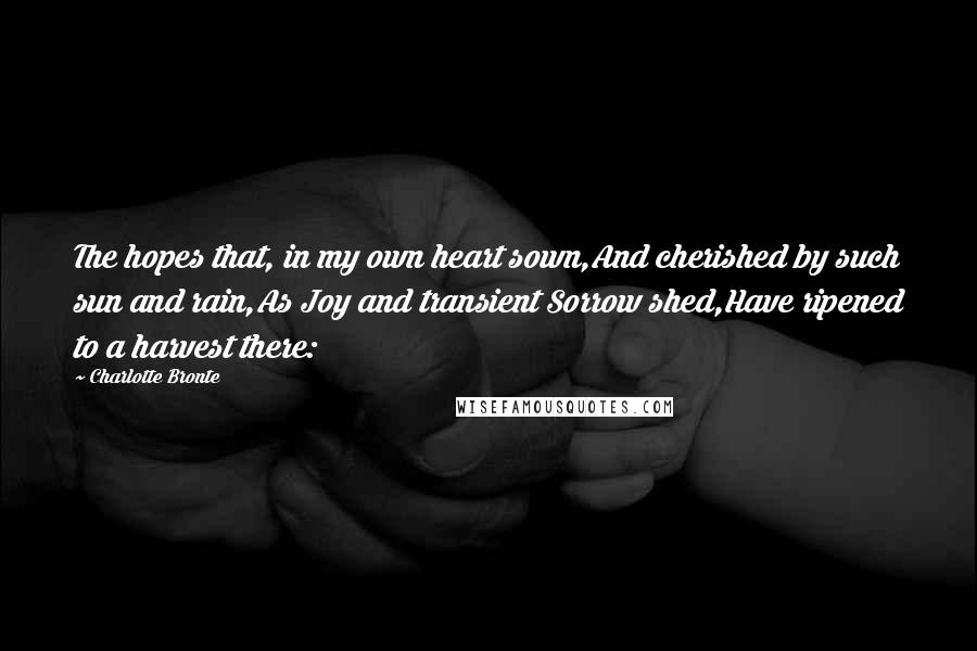Charlotte Bronte Quotes: The hopes that, in my own heart sown,And cherished by such sun and rain,As Joy and transient Sorrow shed,Have ripened to a harvest there: