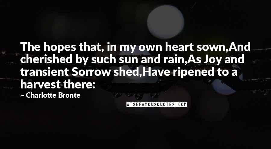 Charlotte Bronte Quotes: The hopes that, in my own heart sown,And cherished by such sun and rain,As Joy and transient Sorrow shed,Have ripened to a harvest there: