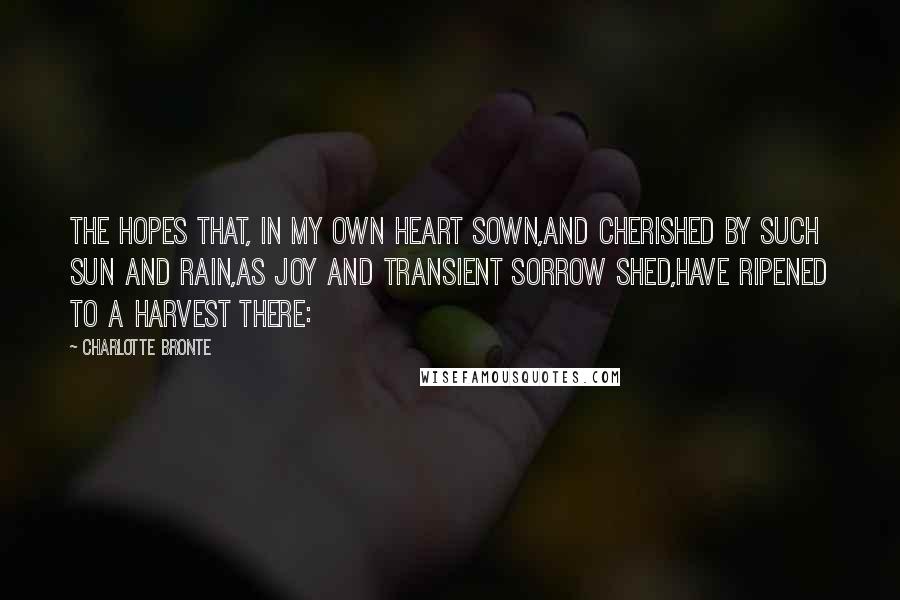 Charlotte Bronte Quotes: The hopes that, in my own heart sown,And cherished by such sun and rain,As Joy and transient Sorrow shed,Have ripened to a harvest there: