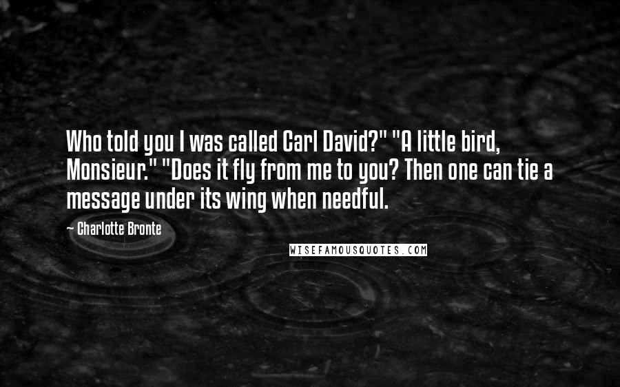 Charlotte Bronte Quotes: Who told you I was called Carl David?" "A little bird, Monsieur." "Does it fly from me to you? Then one can tie a message under its wing when needful.