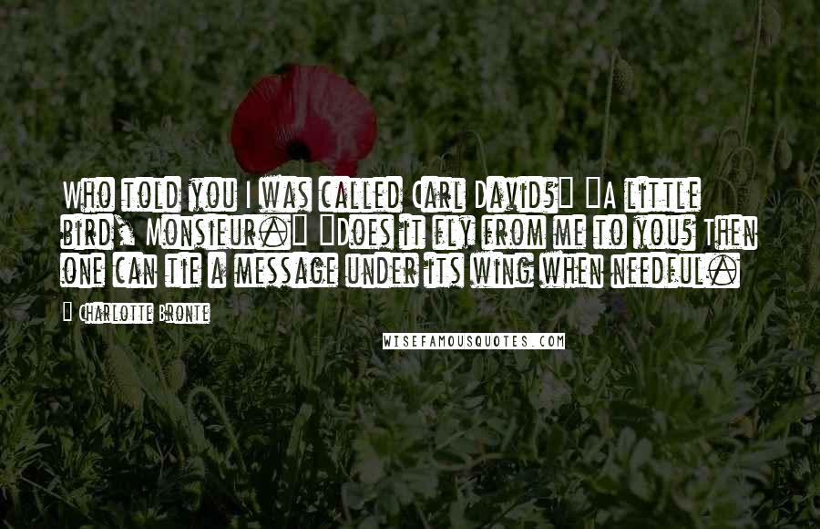 Charlotte Bronte Quotes: Who told you I was called Carl David?" "A little bird, Monsieur." "Does it fly from me to you? Then one can tie a message under its wing when needful.