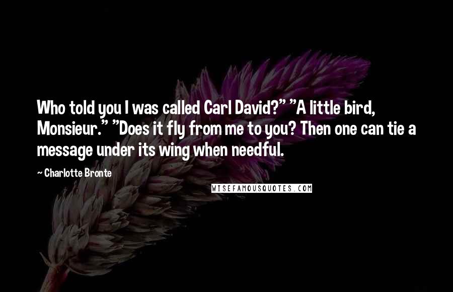 Charlotte Bronte Quotes: Who told you I was called Carl David?" "A little bird, Monsieur." "Does it fly from me to you? Then one can tie a message under its wing when needful.