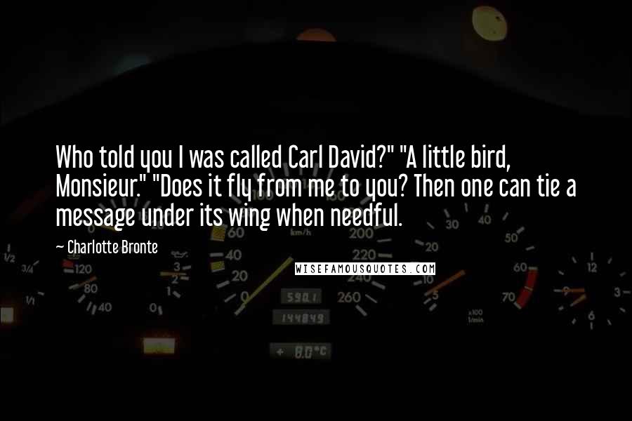 Charlotte Bronte Quotes: Who told you I was called Carl David?" "A little bird, Monsieur." "Does it fly from me to you? Then one can tie a message under its wing when needful.