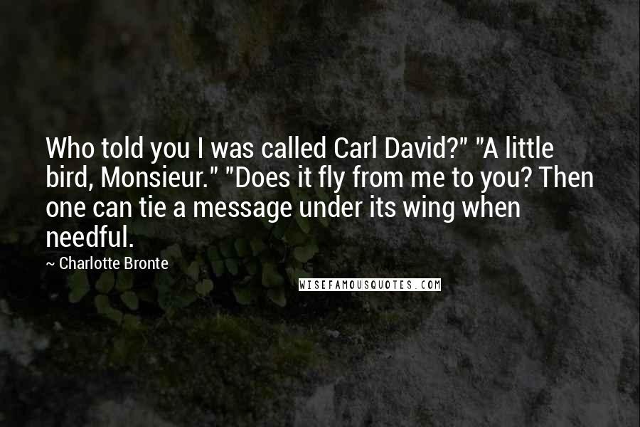 Charlotte Bronte Quotes: Who told you I was called Carl David?" "A little bird, Monsieur." "Does it fly from me to you? Then one can tie a message under its wing when needful.