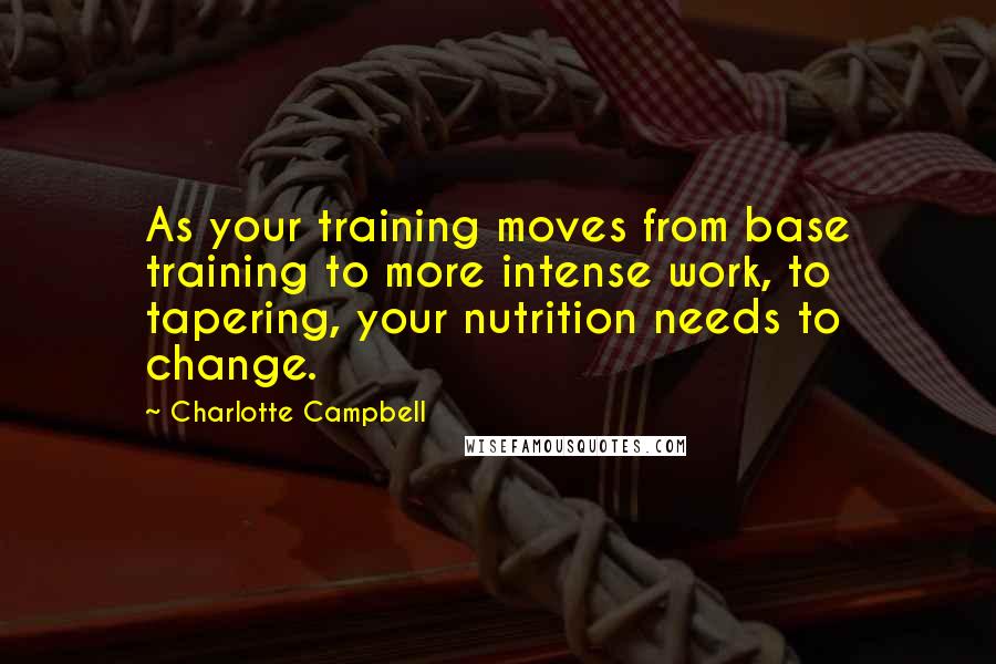 Charlotte Campbell Quotes: As your training moves from base training to more intense work, to tapering, your nutrition needs to change.