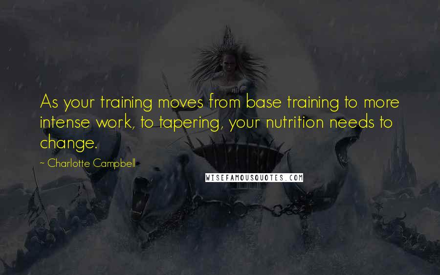 Charlotte Campbell Quotes: As your training moves from base training to more intense work, to tapering, your nutrition needs to change.