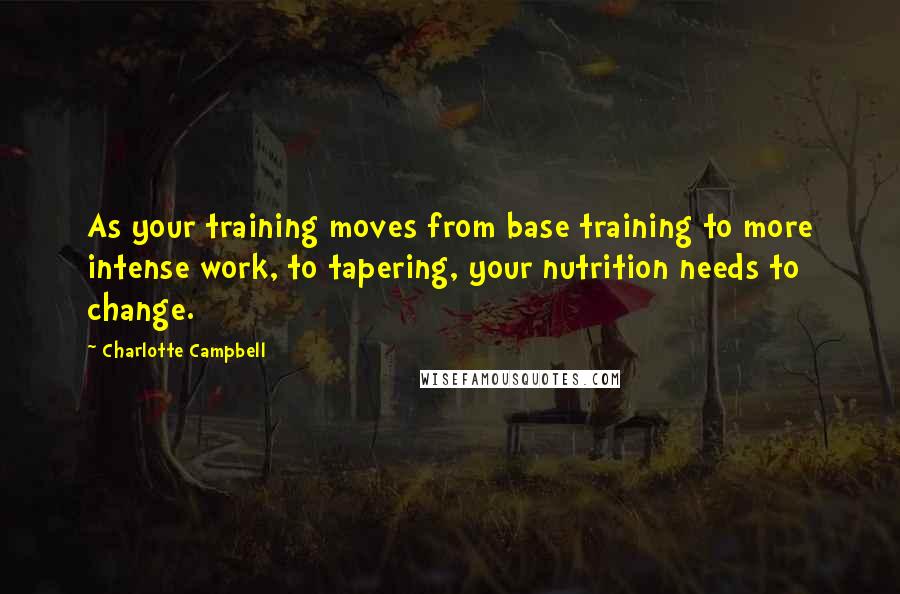 Charlotte Campbell Quotes: As your training moves from base training to more intense work, to tapering, your nutrition needs to change.