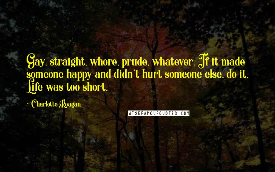 Charlotte Reagan Quotes: Gay, straight, whore, prude, whatever. If it made someone happy and didn't hurt someone else, do it. Life was too short.
