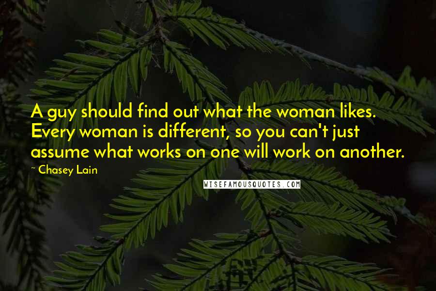 Chasey Lain Quotes: A guy should find out what the woman likes. Every woman is different, so you can't just assume what works on one will work on another.