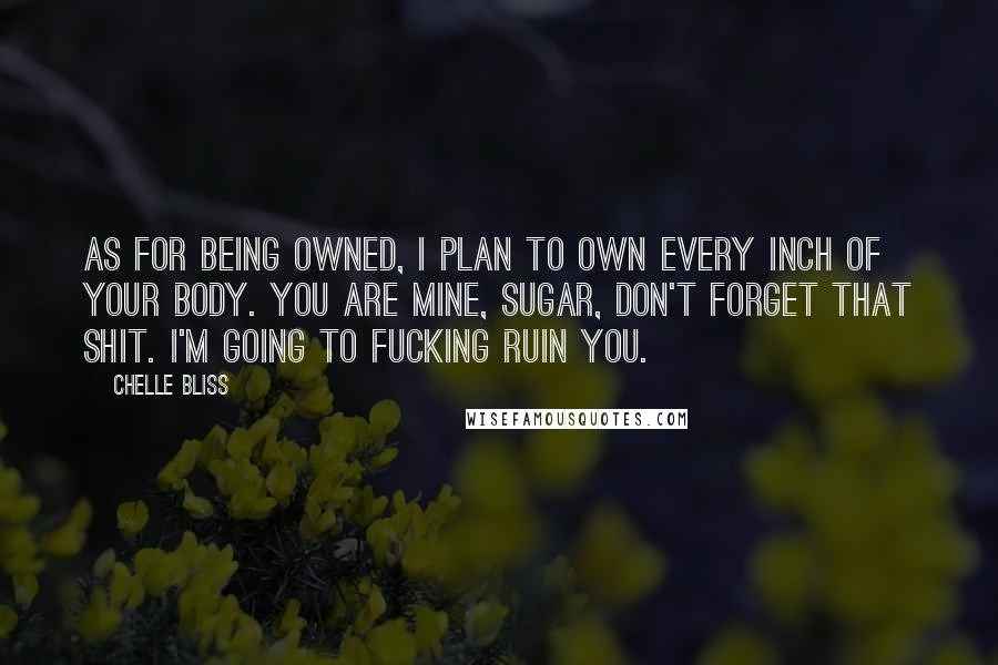 Chelle Bliss Quotes: As for being owned, I plan to own every inch of your body. You are mine, Sugar, don't forget that shit. I'm going to fucking ruin you.