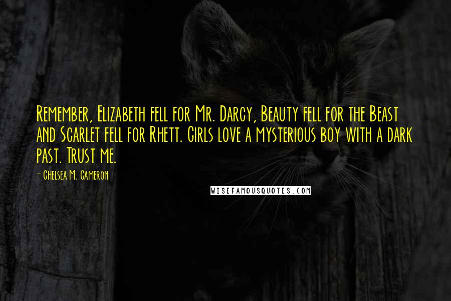 Chelsea M. Cameron Quotes: Remember, Elizabeth fell for Mr. Darcy, Beauty fell for the Beast and Scarlet fell for Rhett. Girls love a mysterious boy with a dark past. Trust me.