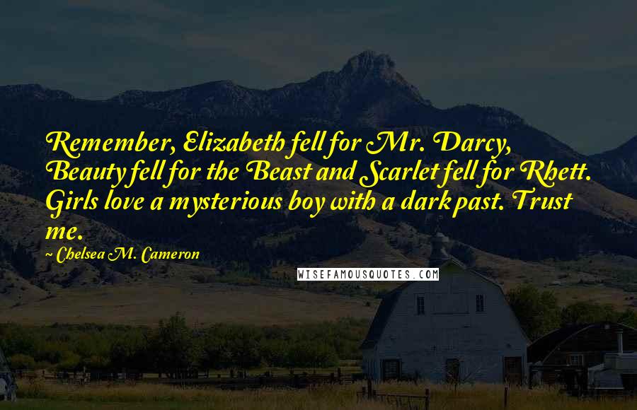 Chelsea M. Cameron Quotes: Remember, Elizabeth fell for Mr. Darcy, Beauty fell for the Beast and Scarlet fell for Rhett. Girls love a mysterious boy with a dark past. Trust me.