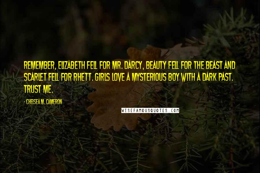 Chelsea M. Cameron Quotes: Remember, Elizabeth fell for Mr. Darcy, Beauty fell for the Beast and Scarlet fell for Rhett. Girls love a mysterious boy with a dark past. Trust me.