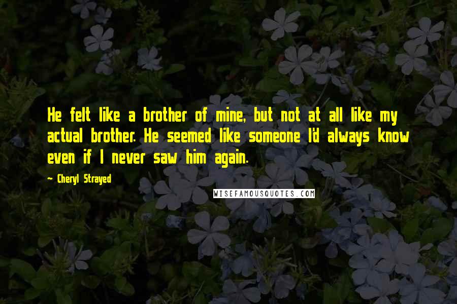 Cheryl Strayed Quotes: He felt like a brother of mine, but not at all like my actual brother. He seemed like someone I'd always know even if I never saw him again.