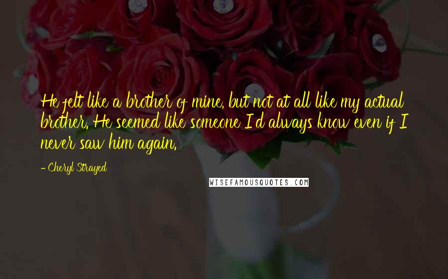 Cheryl Strayed Quotes: He felt like a brother of mine, but not at all like my actual brother. He seemed like someone I'd always know even if I never saw him again.