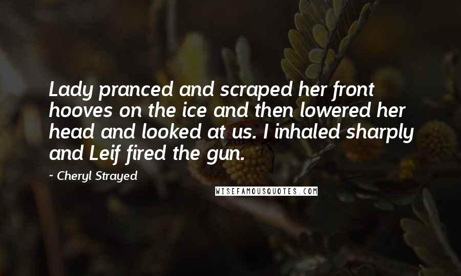 Cheryl Strayed Quotes: Lady pranced and scraped her front hooves on the ice and then lowered her head and looked at us. I inhaled sharply and Leif fired the gun.