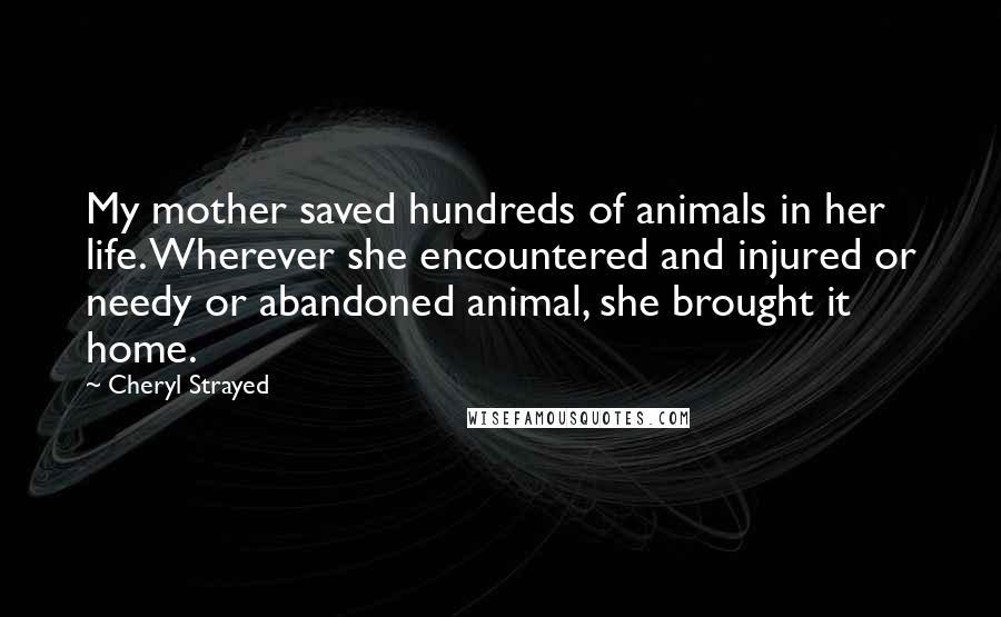 Cheryl Strayed Quotes: My mother saved hundreds of animals in her life. Wherever she encountered and injured or needy or abandoned animal, she brought it home.