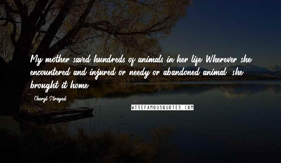 Cheryl Strayed Quotes: My mother saved hundreds of animals in her life. Wherever she encountered and injured or needy or abandoned animal, she brought it home.