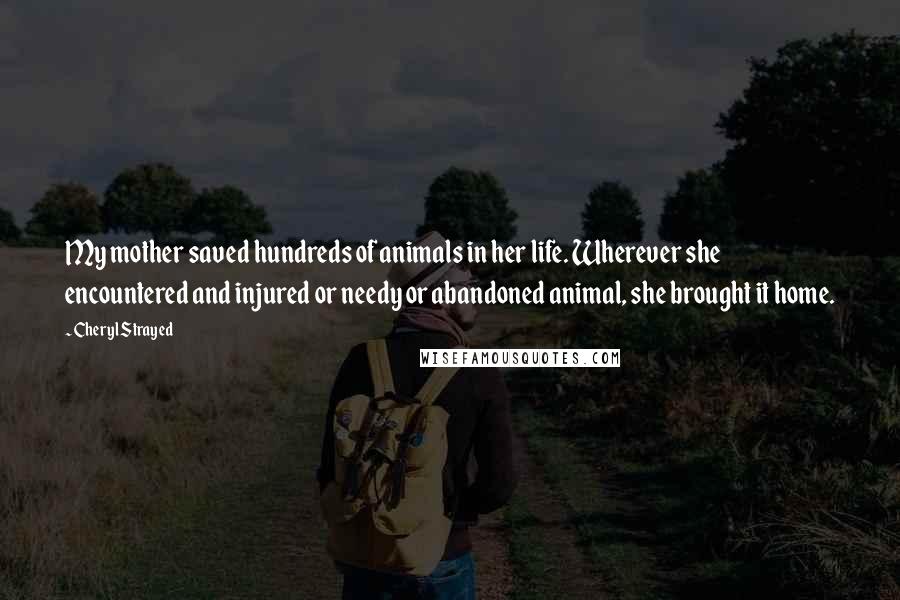 Cheryl Strayed Quotes: My mother saved hundreds of animals in her life. Wherever she encountered and injured or needy or abandoned animal, she brought it home.