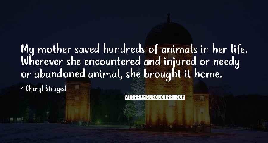 Cheryl Strayed Quotes: My mother saved hundreds of animals in her life. Wherever she encountered and injured or needy or abandoned animal, she brought it home.