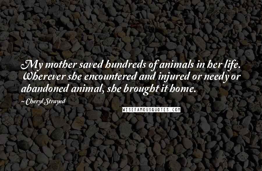 Cheryl Strayed Quotes: My mother saved hundreds of animals in her life. Wherever she encountered and injured or needy or abandoned animal, she brought it home.