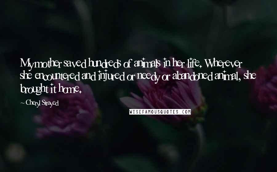 Cheryl Strayed Quotes: My mother saved hundreds of animals in her life. Wherever she encountered and injured or needy or abandoned animal, she brought it home.