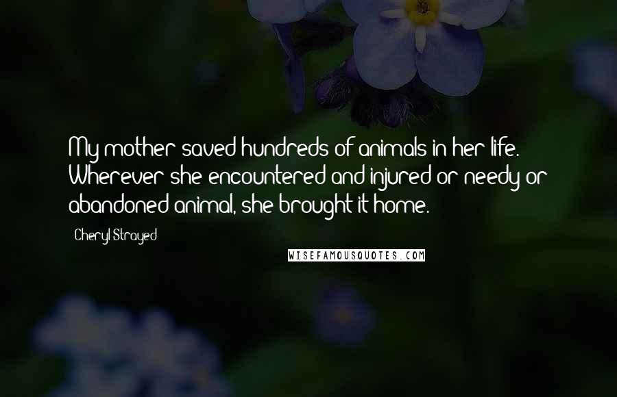 Cheryl Strayed Quotes: My mother saved hundreds of animals in her life. Wherever she encountered and injured or needy or abandoned animal, she brought it home.