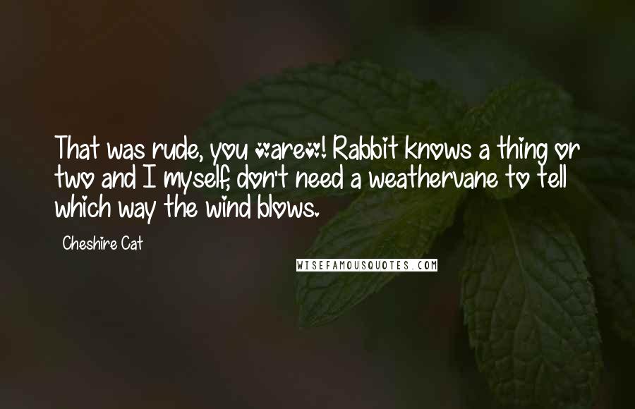 Cheshire Cat Quotes: That was rude, you *are*! Rabbit knows a thing or two and I myself, don't need a weathervane to tell which way the wind blows.