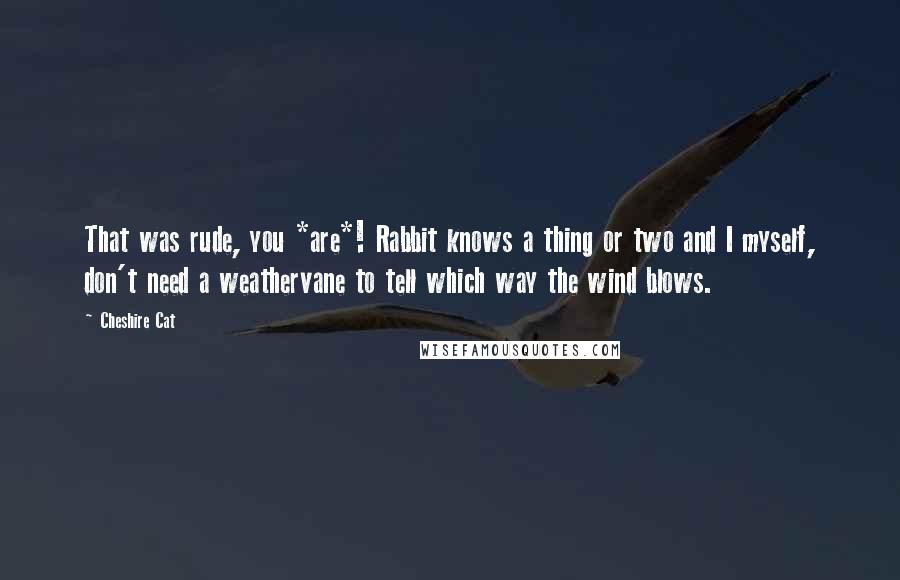 Cheshire Cat Quotes: That was rude, you *are*! Rabbit knows a thing or two and I myself, don't need a weathervane to tell which way the wind blows.