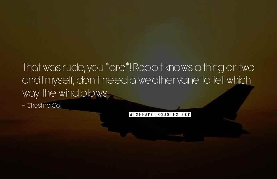 Cheshire Cat Quotes: That was rude, you *are*! Rabbit knows a thing or two and I myself, don't need a weathervane to tell which way the wind blows.